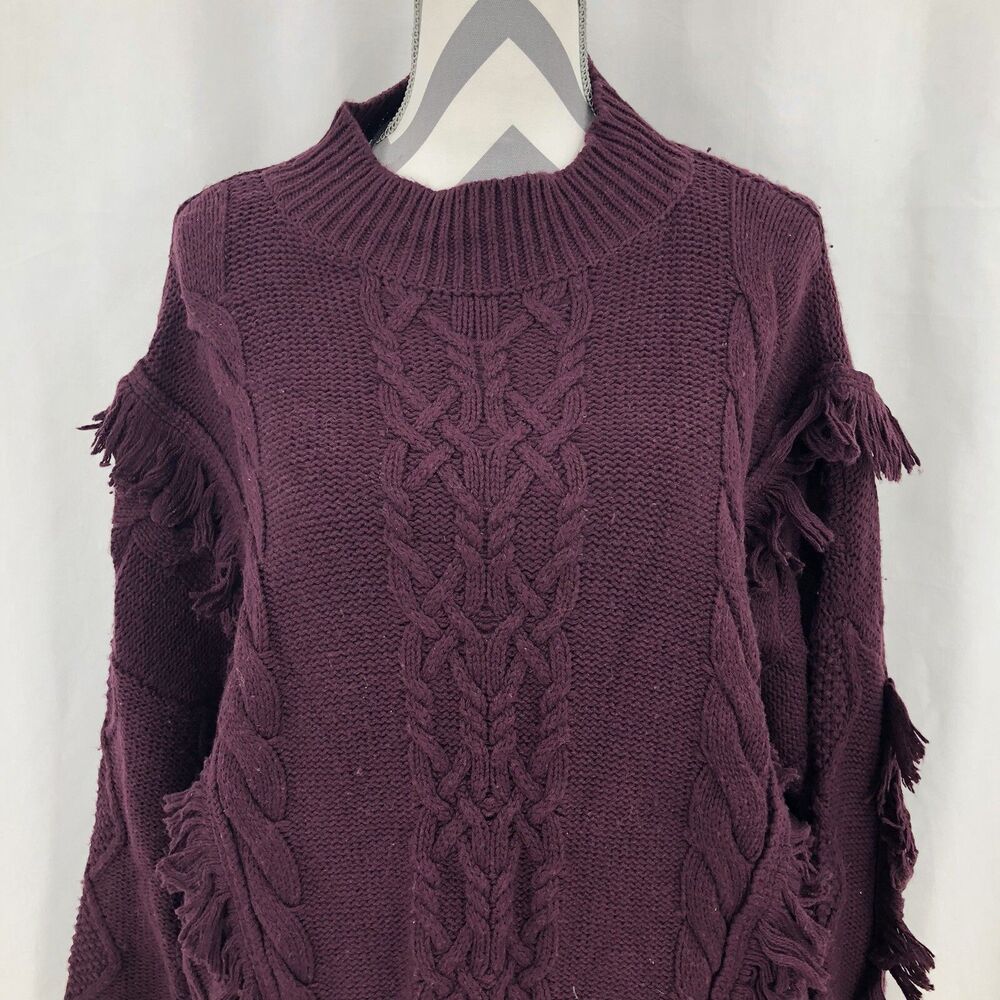 Leith Cable Knit Fringe Sweater Mock Neck  Pullover Maroon TL445786WN 2X